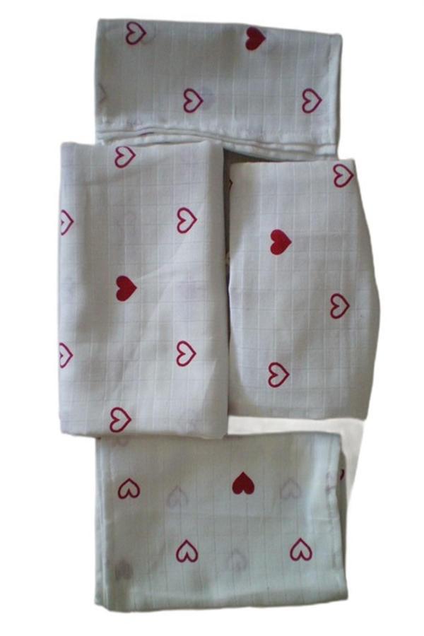 More Home Bebek Müslin Bez Battaniye Set 6 Parça Parça  Kalpli Beyaz Kırmızı - Image 1