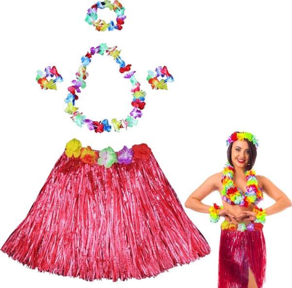 Hawaii Dans Kostümü – Kırmızı Hula Etek  Çiçek Kolye Seti - Image 1