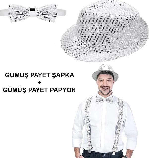 Gümüş Payetli Şapka Ve Papyon Seti – Parıltılı Yetişkin Kostüm Seti - Image 1