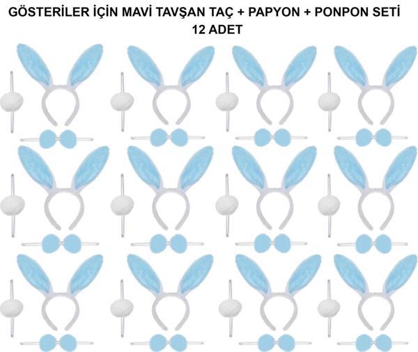 Mavi Tavşan Kostüm Seti – Taç, Papyon, Ponpon (12’li Paket) - Image 1