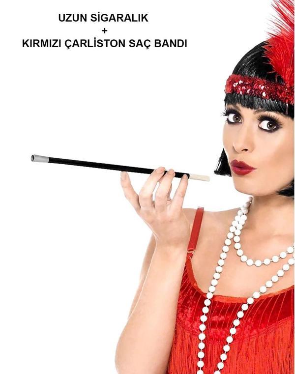 192039ler 199039lar Gatsby Kadın Aksesuar Seti – Kırmızı Charleston Saç Bandı Ve Lık - Image 1