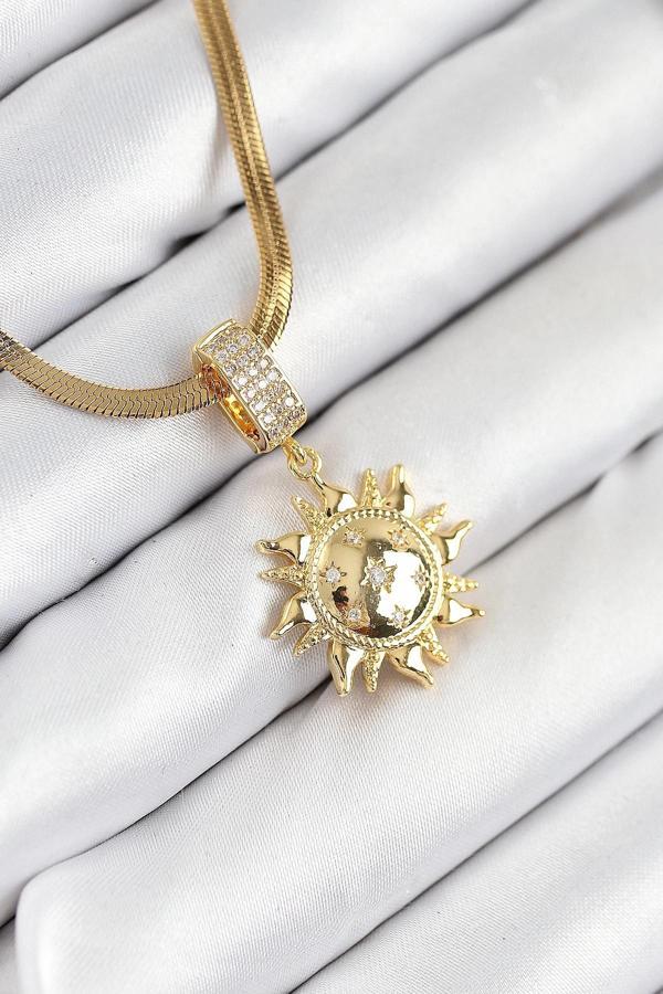 316L Çelik Zirkon Taşlı Güneş Model Gold Renk Kadın Kolye - Image 1