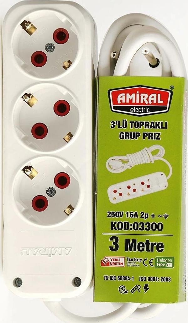 Amiral 3' Lü Topraklı 3 Metre Kablolu Grup Priz - Image 1