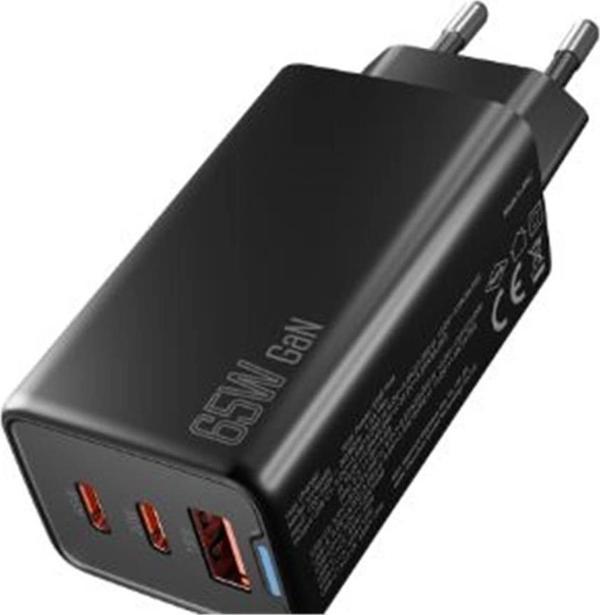 Hytech HY-XEG65 2-USB-C + USB-A GAN PD 65W - QC 18W Type PD-PPS Siyah EV-NOTEBOOK Şarj Adaptör - Image 1