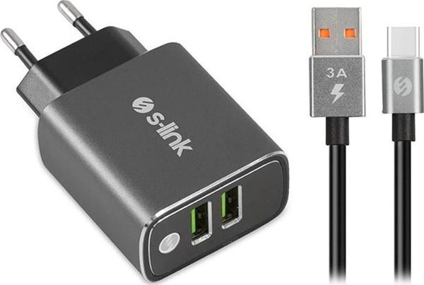 S-link SW-EHT36M 2 USB, 3.1A Metal Ev Sarj Cihazı ve Type-C Data + Sarj Kablosu - Image 1