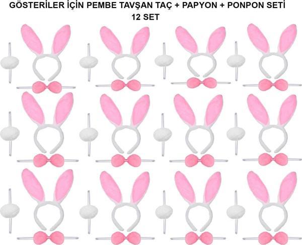 Pembe Tavşan Kostüm Seti – Taç, Papyon, Ponpon (12’li Paket) - Image 1