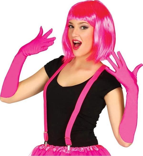 Fuşya Renk Saten Uzun Eldiven Ve Küt Parti Peruğu - Image 1