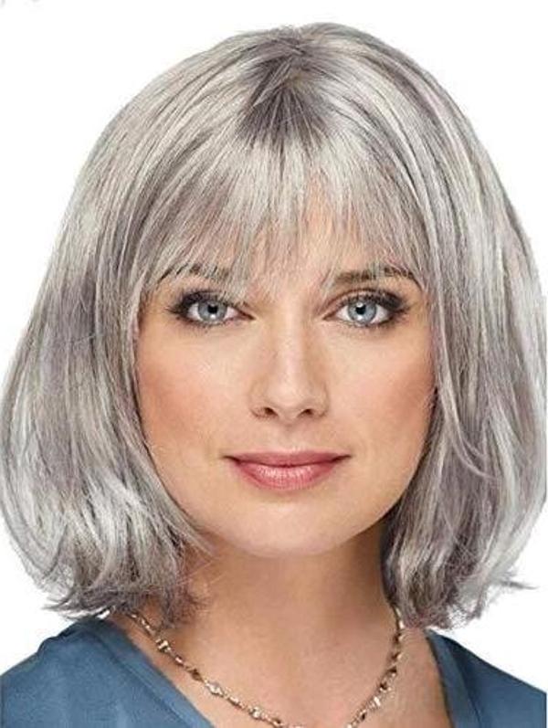 Gri Renk Yaşlı Peruğu Kısa Saç Kısa Peruk Gri Teyze Peruğu - Image 1
