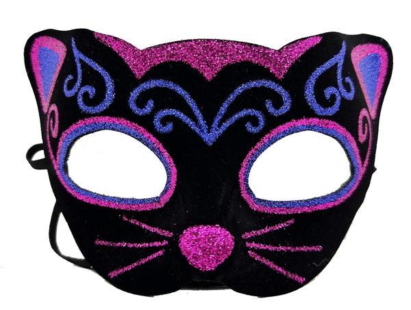 Siyah Kadife Kaplama Üzeri Pembe Mavi Sim İşlemeli Kedi Maskesi 20x13 Cm - Image 1