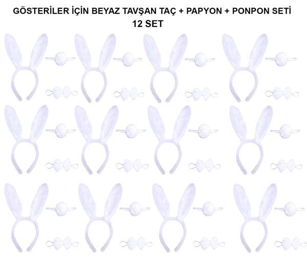 Beyaz Tavşan Kostüm Seti – Taç, Papyon, Kuyruk (12’li Paket) - Image 1