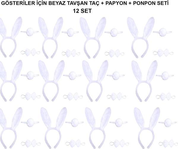 Beyaz Tavşan Kostüm Seti – Taç, Papyon, Kuyruk (12’li Paket) - Image 1