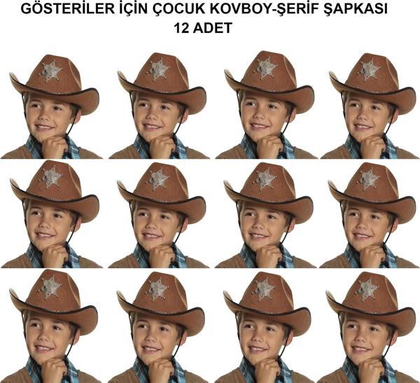 Kovboy Şerif Şapkası Kahve 12 Adet - Kostüm, Parti Ve Gösteri Şapkası - Image 1