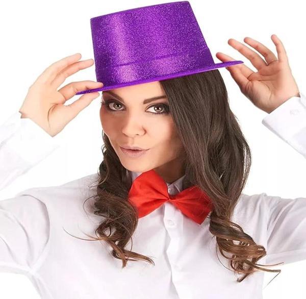 Koyu Mor Renk Violet Parıltılı Simli Fötr Silindir Parti Şapkası - Image 1
