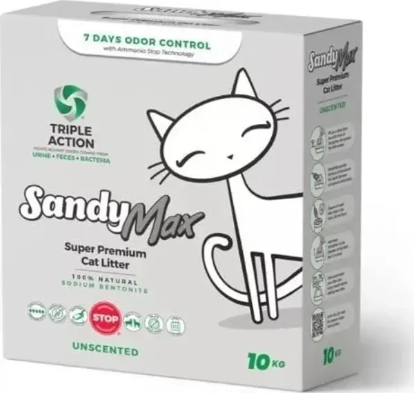 Sandy Max Triple Action Tozsuz Topaklanan Bentonit Doğal Kedi Kumu 10 Kg - Image 1
