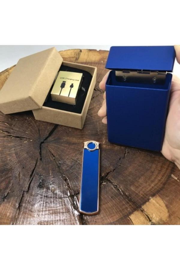 Usb Alevsiz Şarjlı Çakmak Ve Metal Slim Tabaka Seti - Image 1