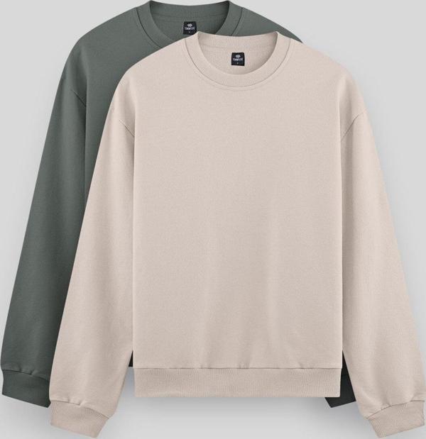 Standart Fit Basic O Yaka 2li Paket Bej-Çağla Erkek Sweatshirt - 88053 - Image 1