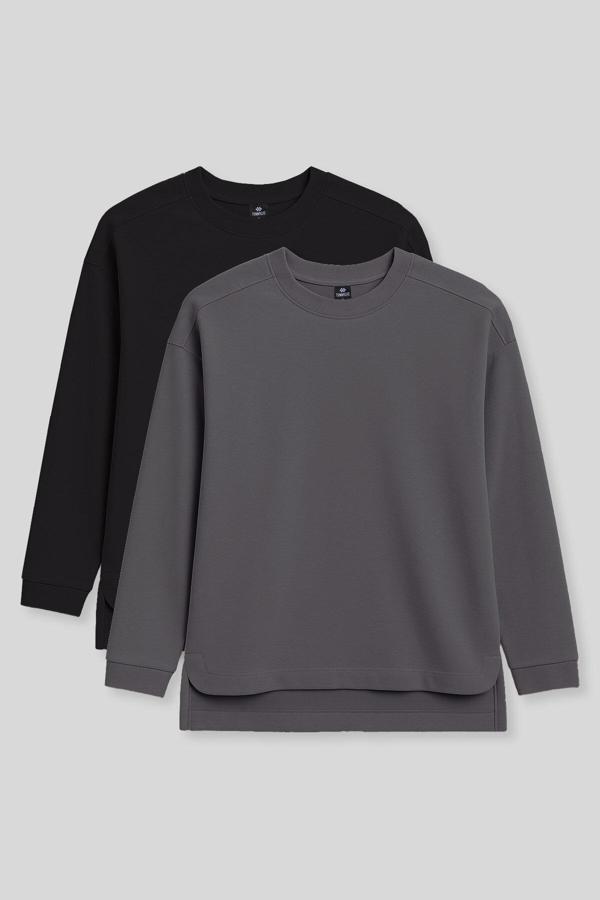 Rahat Form O Yaka 2li Paket Siyah-Koyu Gri Kadın Tunik Sweatshirt - 97305 - Image 1