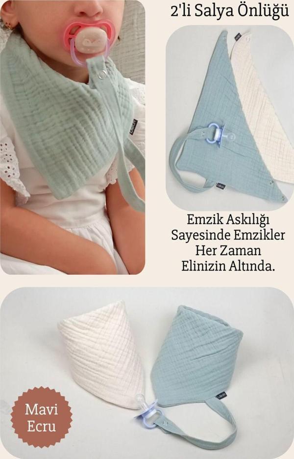 Lawon 2'Li %100 Pamuk 8 Katlı Müslin Emzik Askılıklı Kız Erkek Bebek Salya Ve Mama Önlüğü *Mavi*Ekru - Image 1