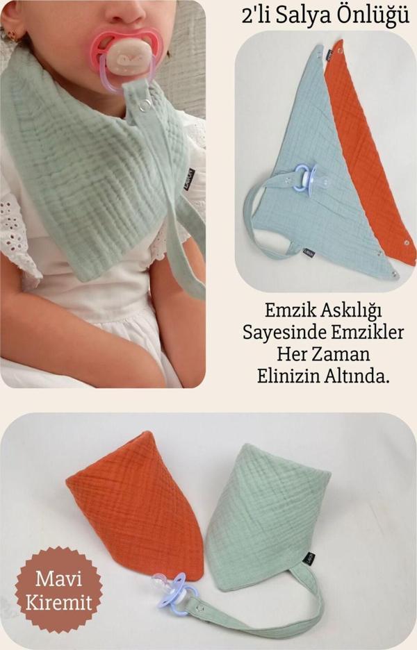 Lawon 2'Li %100 Pamuk 8 Katlı Müslin Emzik Askılıklı Kız Erkek Bebek Salya Ve Mama Önlüğü *Mavi*Kiremit - Image 1