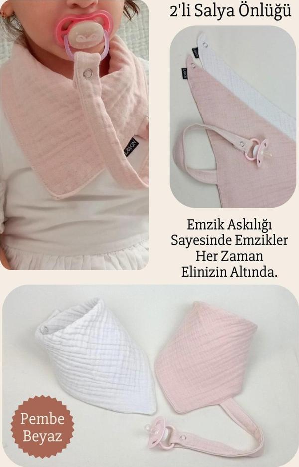 Lawon 2'Li %100 Pamuk 8 Katlı Müslin Emzik Askılıklı Kız Erkek Bebek Salya Ve Mama Önlüğü *Pembe*Beyaz - Image 1