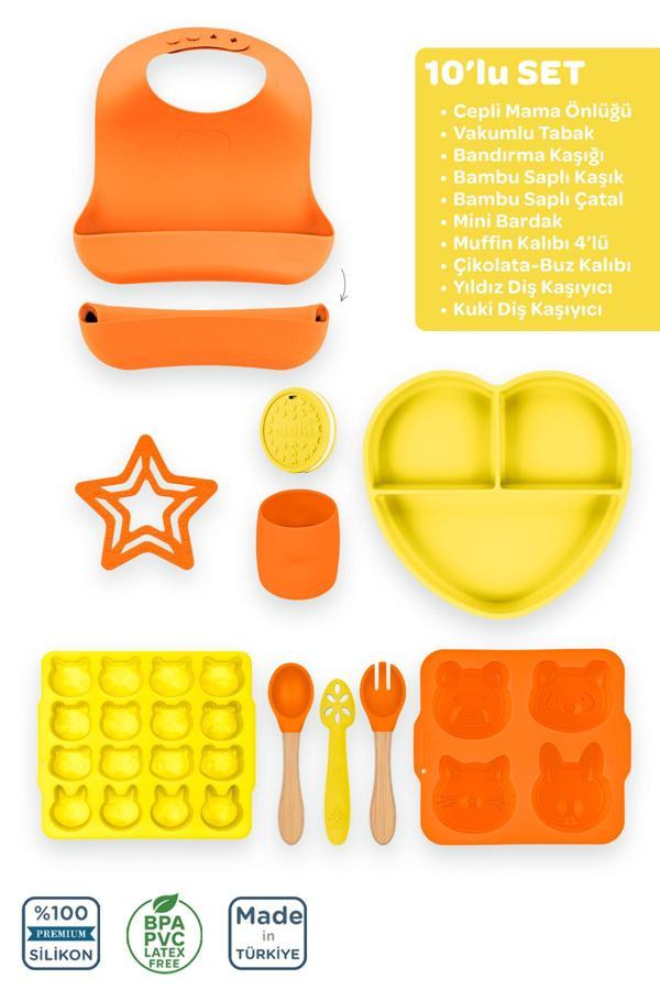 Moki Silikon 10'Lu Set Sunset Turuncu-Sunrise Sarı / Önlük, Tabak, Kaşık, Çatal, Bardak, Diş Kaşıyıcı... - Image 1