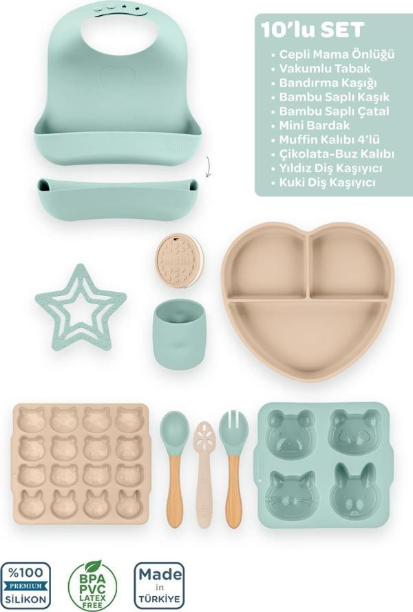 Moki Silikon 10’Lu Set Latte Bej-Spring Yeşil / Önlük, Tabak, Kaşık, Bardak, Buz Kalıbı, Diş Kaşıyıcı... - Image 1