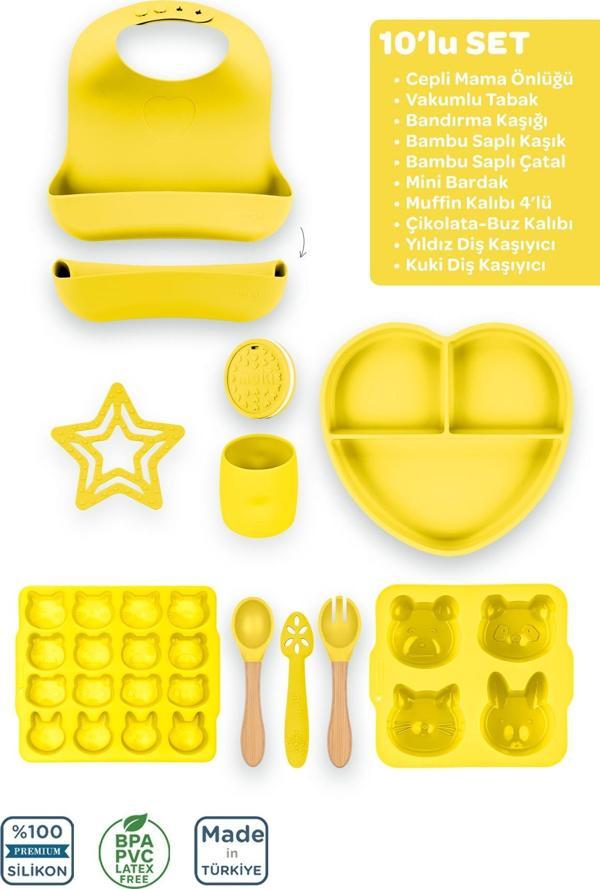 Moki Silikon 10'Lu Set Sunrise Sarı / Önlük, Tabak, Kaşık, Çatal, Bardak, Diş Kaşıyıcı, Buz Kalıbı... - Image 1