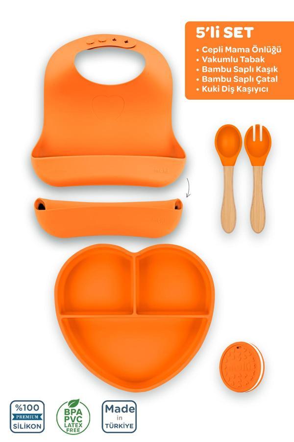 Moki Silikon 5'Li Set Sunset Turuncu / Mama Önlüğü, Mama Tabağı, Bambu Saplı Kaşık, Çatal, Diş Kaşıyıcı - Image 1
