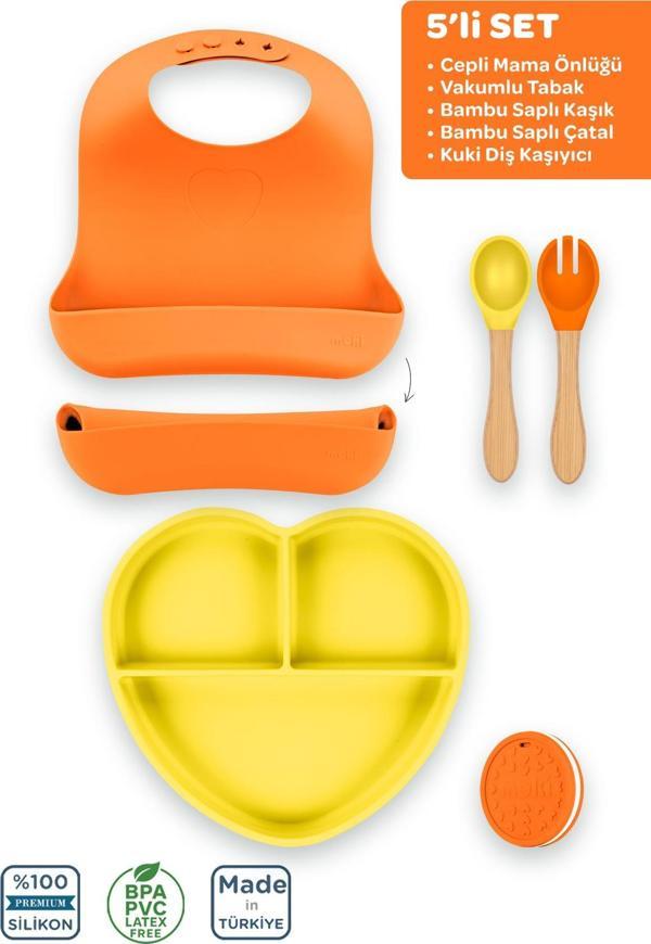 Moki Silikon 5'Li Set Sunset Turuncu-Sunrise Sarı / Önlük, Tabak, Kaşık, Çatal, Diş Kaşıyıcı - Image 1