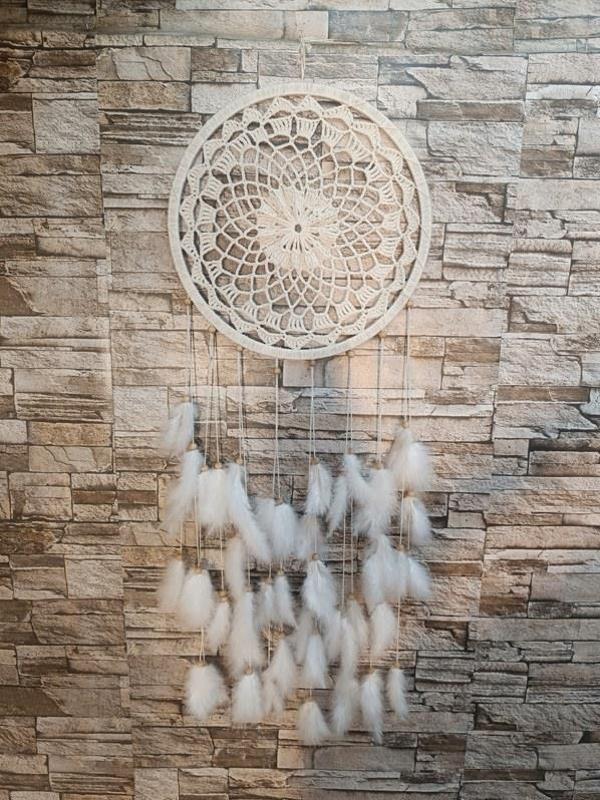 Düş Rüya Kapanı 33.5 Çapı Makrome Dreamcatcher Ekru Kuş Tüyü Rüya Kapanı Duvar Süsü Elişi - Image 1
