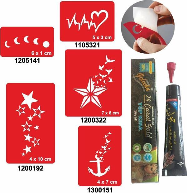 Kalp ve Yıldız Desenleri Hint Kınası ile Geçici Dövme Yapma Seti - Image 1
