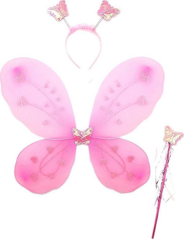 Toz Pembe Renk Kelebek Kanadı Tacı ve Sopası 50x37 cm - Image 1