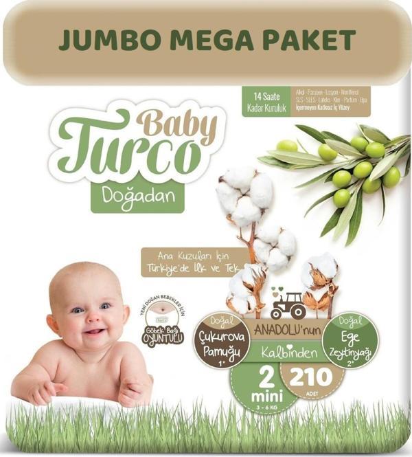 Baby Turco Bebek Bezi Doğadan Beden:2 (3-6Kg) Mini 210 Adet Jumbo Mega Pk - Image 1