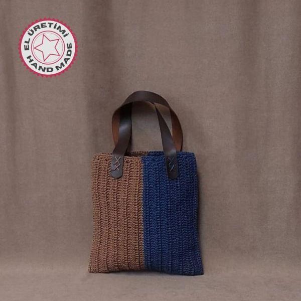 Uretti - Volkan 4975 8338 El Yapımı Kahverengi - Lacivert Renk Kağıt İp El Çantası - Image 1