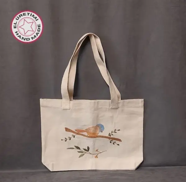 Uretti - Ülkü 1188 7003 El Yapımı Nakış İşlemeli Krem Kanvas Keten Çanta - Kuş - Image 1