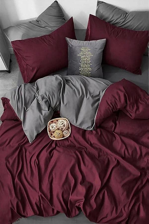 More Home Çift Kişilik Nevresim Takımı Lastikli Çarşaflı Bordo Antrazit - Image 1