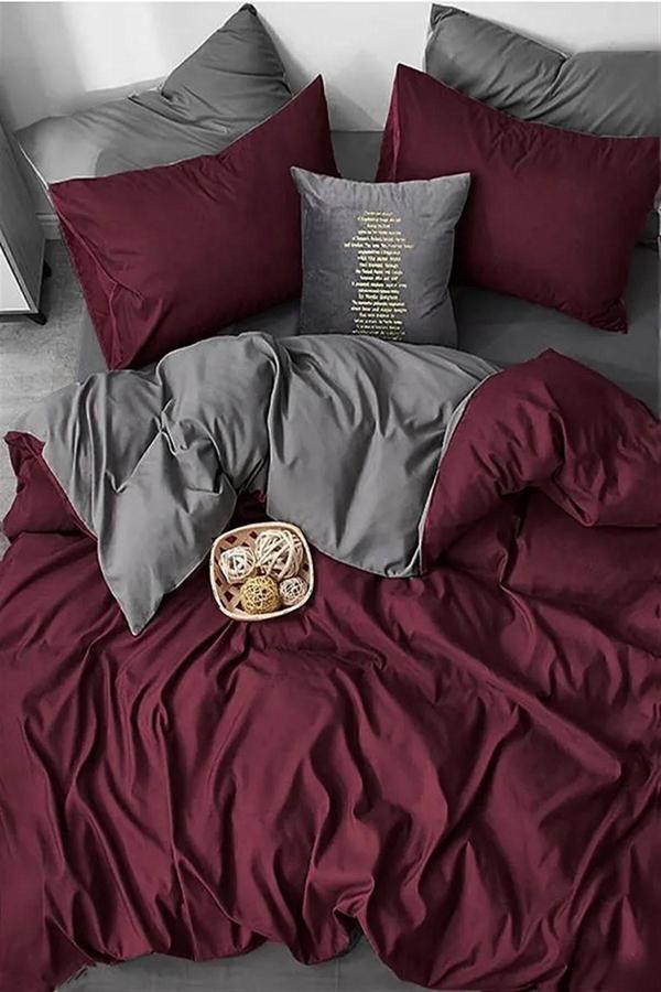 More Home Tek Kişilik Nevresim Seti + Yastık Kılıfı Bordo Gri - Image 1