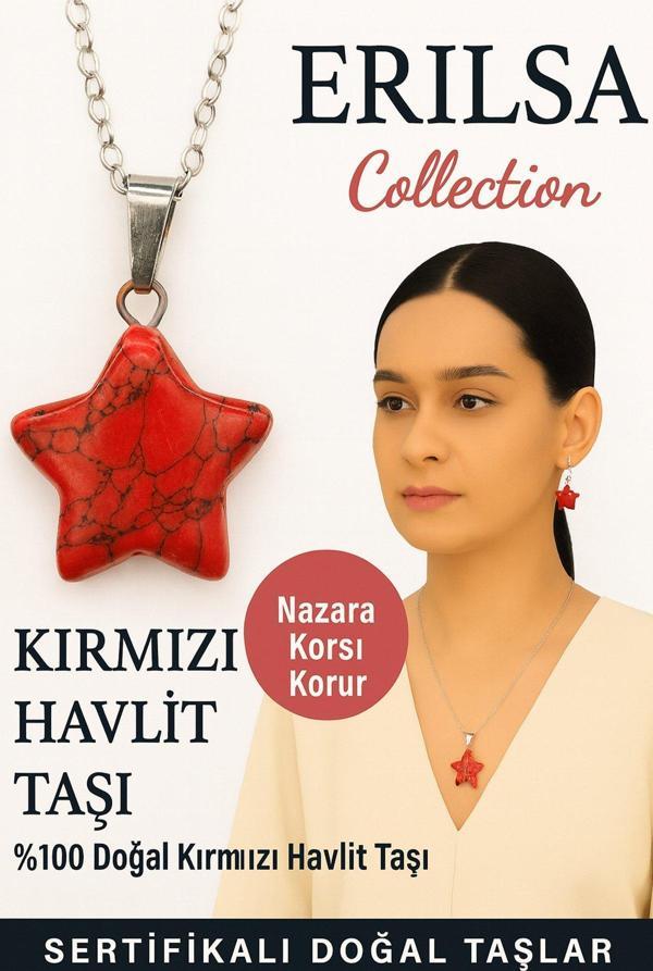Sertifikalı Yıldız Model Kırmızı Havlit Doğal Taş Kolye – Nazara Karşı Korur - Image 1