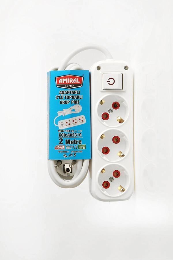 Amiral 3' Lü Topraklı Anahtarlı 2 Metre Kablolu Grup Priz - Image 1