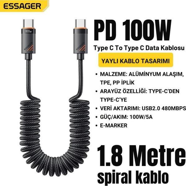 Essager 1.8 Mt E-Marker Çip Sprial Kablo 100W USB-C to USB-C Şarj Kablosu Pd100W Type C Şarj Kablosu - Image 1