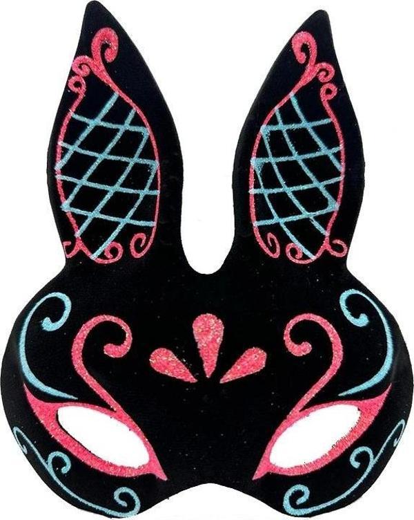 NessiWorld Siyah Renk Mavi Kırmızı Simli Siyah Süet Kaplama Tavşan Maskesi 18x16 cm - Image 1