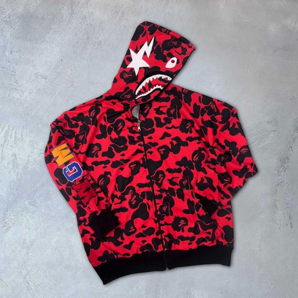 Unisex 2 İplik Bape Kapüşonu Fermuarlı Hırka - Kırmızı - Image 1