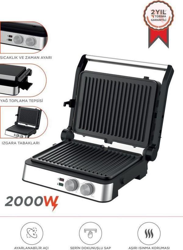 Torima TG-PRO300 Siyah-Gümüş 2000W Paslanmaz Çelik Tost Izgara Makinesi Çıkarılabilir Plaka - Image 1