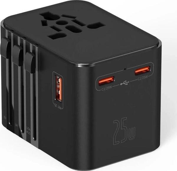 25w Evrensel Seyahat Adaptörü, Eu/us/uk/au Priz Dönüştürücü, 1x Usb, 2x Type-c Hızlı Şarj - Image 1