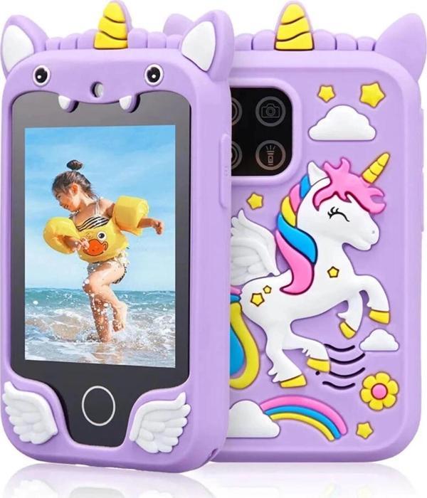 Çocuklar İçin Eğitici Telefon Dokunmatik Ekran Çift Kameralı Fenerli Müzik Çalar Oyun Video Mor - Image 1