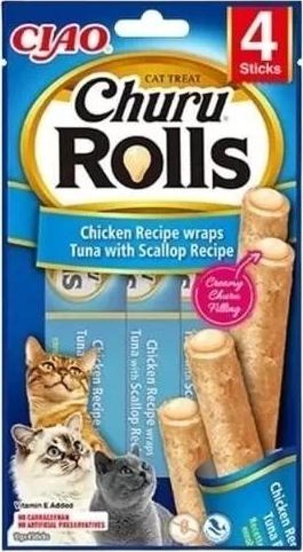 Inaba Ciao Churu Rolls Sticks Tavuk Sargılı Deniz Taraklı ve Ton Balıklı Kedi Ödül Maması 10 Gr 4 Ad - Image 1