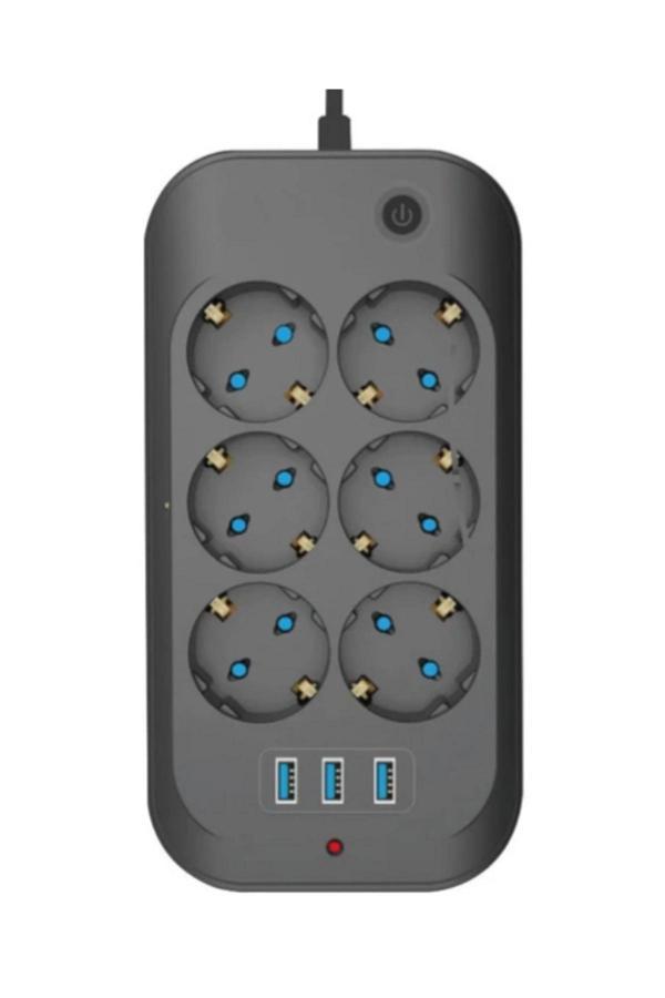Termal Akım Korumalı, Çocuk Korumalı, 6’lı 2 Mt Uzatma Kablosu 6 X Priz, 3 X Usb - Image 1