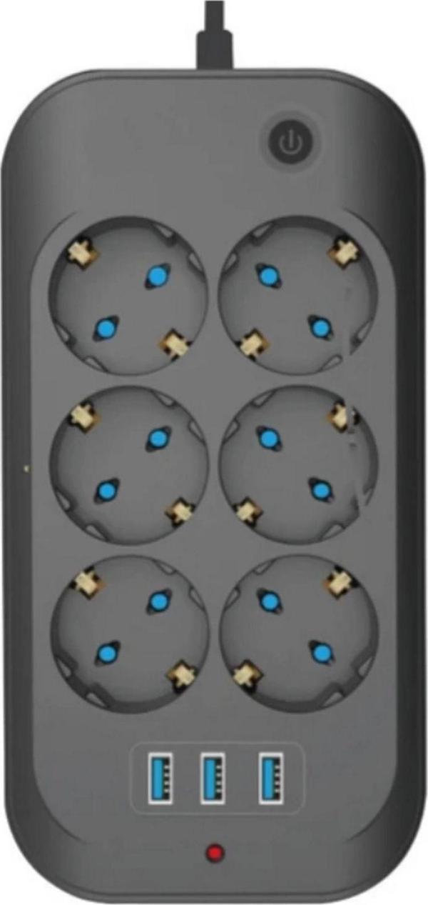 Termal Akım Korumalı, Çocuk Korumalı, 6’lı 2 Mt Uzatma Kablosu 6 X Priz, 3 X Usb - Image 1
