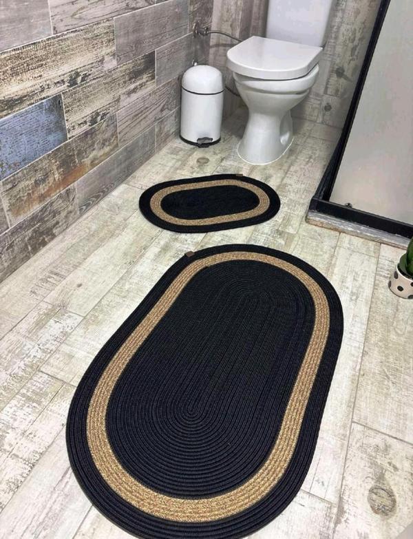 Jüt Hasır 2li Banyo Paspas Takımı-Siyah Ortası Bej - Image 1