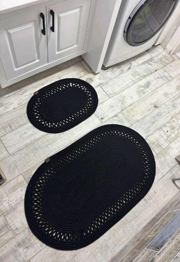 Jüt Hasır 2li Banyo Paspas Takımı-Siyah Trikotlu - Image 1